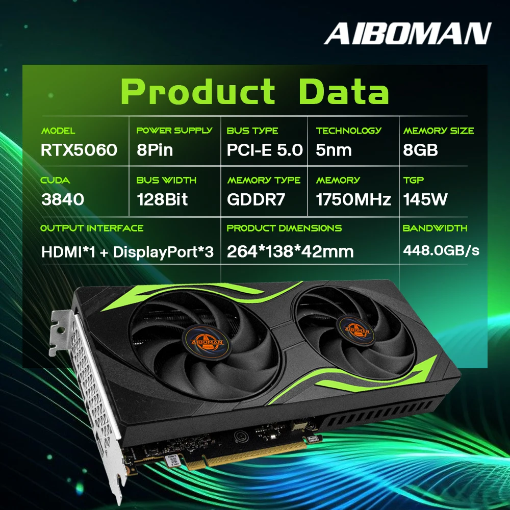 AIBOMAN GPU RTX 5060 8GB GDDR7 3840cuda HDMI+DP PCI Express X16 5.0 145W Graphics Cards - Image 2