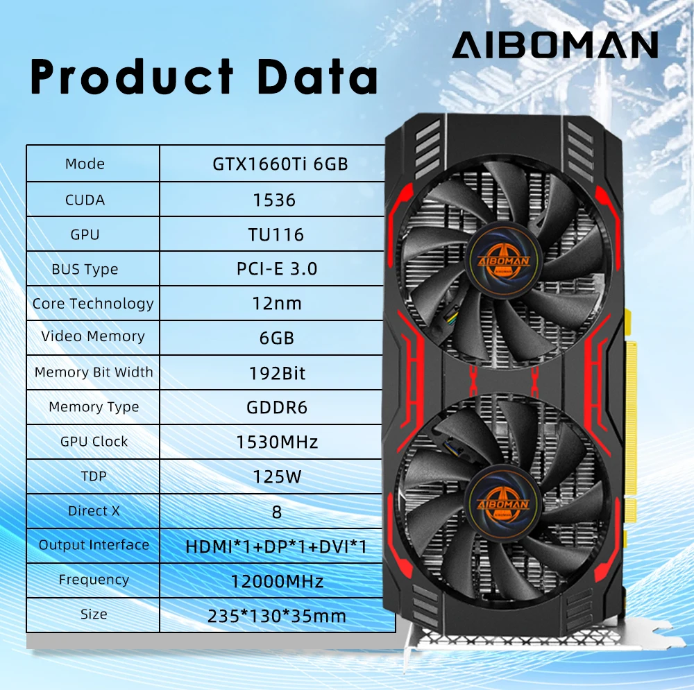 AIBOMAN Video Card GTX1660Ti 6GB GDDR6 192Bit 1530MHz GPU PCI-E 3.0 HDMI DP DVI Output Gaming Graphics Cards - Image 2